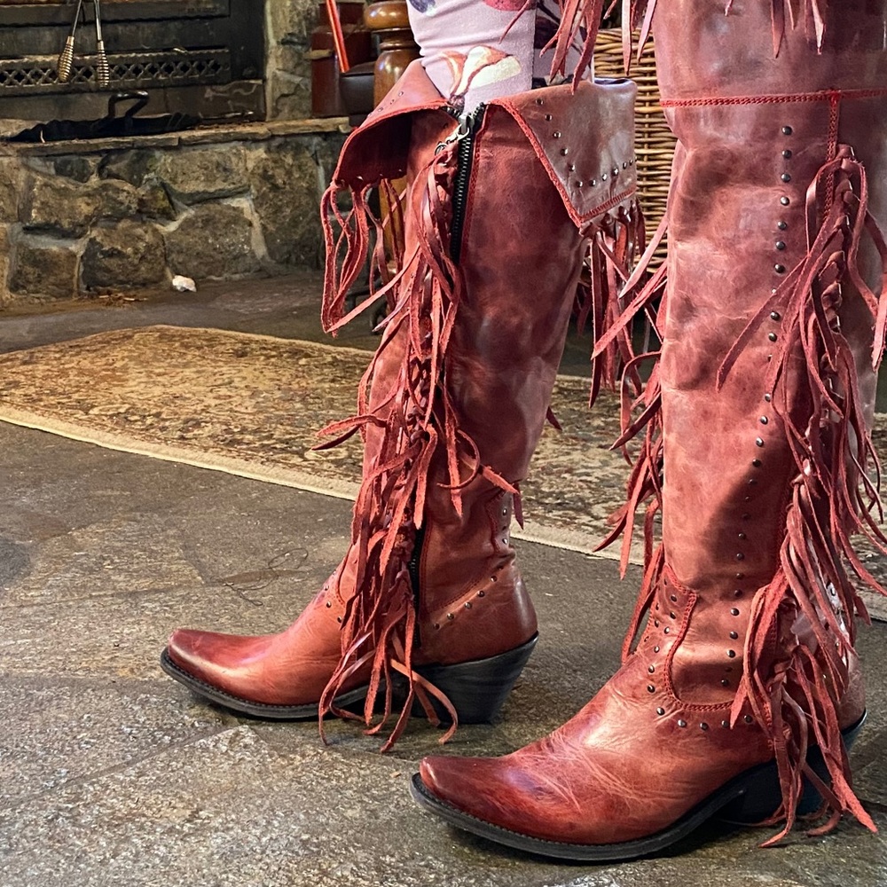 Red leather fringe Liberty Black tall boots sz 8